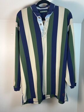 RAINFOREST Men's Navy Green Cream Vertical Stripe Rugby Shirt